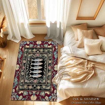 Eclectic Sardine Art Area Rug | Ornate Whimsical Coastal Design Maximalist Marine Art Ocean-Inspired Beach House Bedroom Accent Fish Decor