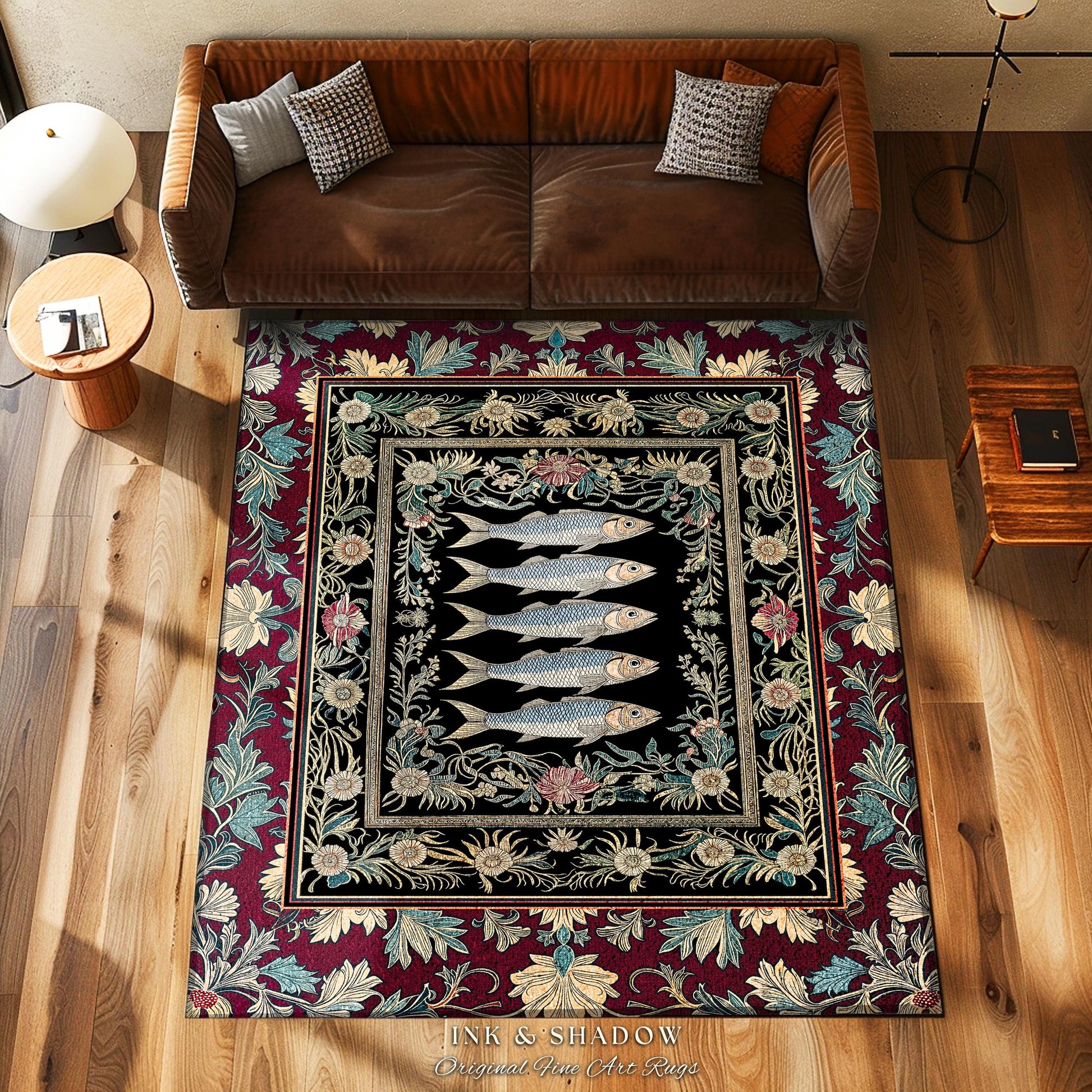 Eclectic Sardine Art Area Rug | Ornate Whimsical Coastal Design Maximalist Marine Art Ocean-Inspired Beach House Bedroom Accent Fish Decor