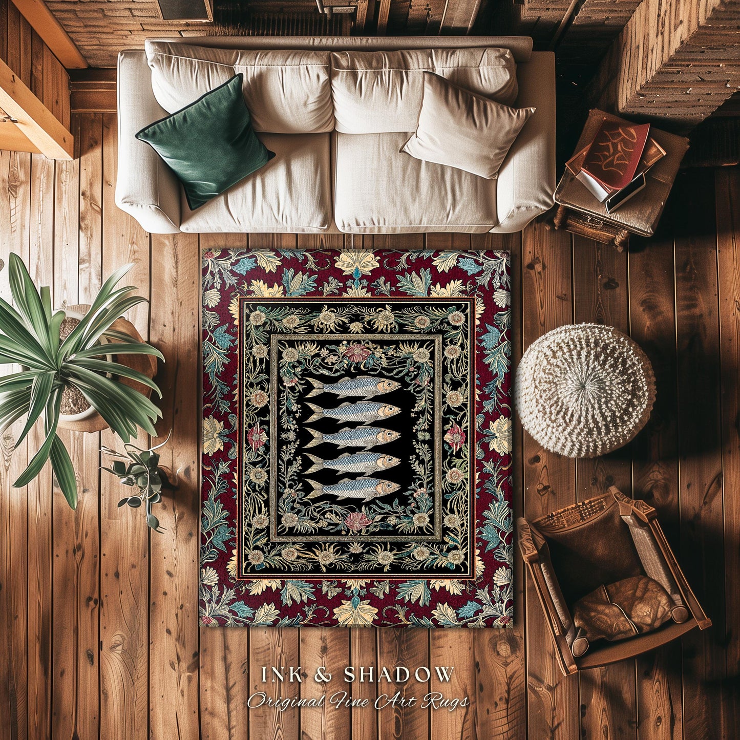 Eclectic Sardine Art Area Rug | Ornate Whimsical Coastal Design Maximalist Marine Art Ocean-Inspired Beach House Bedroom Accent Fish Decor