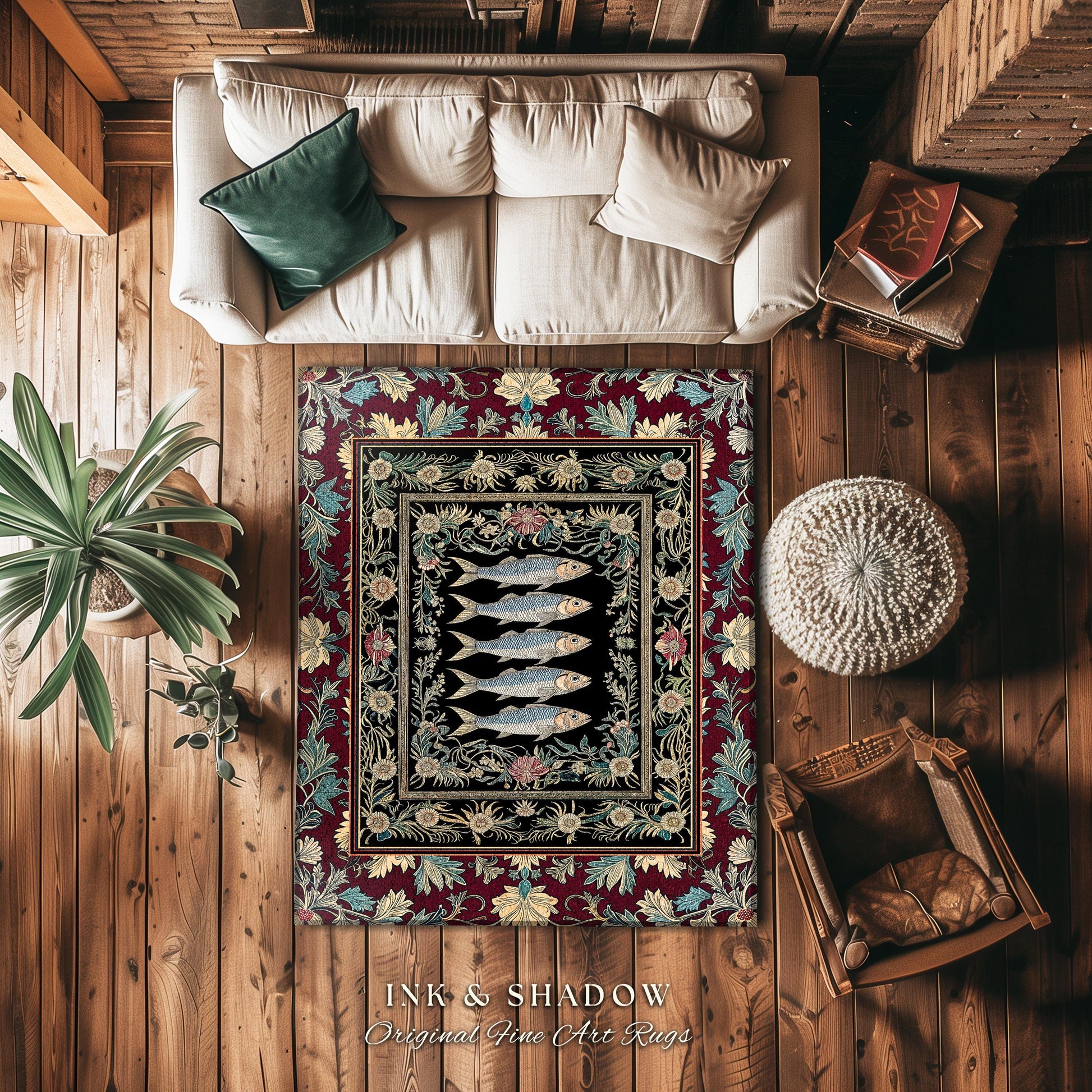 Eclectic Sardine Art Area Rug | Ornate Whimsical Coastal Design Maximalist Marine Art Ocean-Inspired Beach House Bedroom Accent Fish Decor