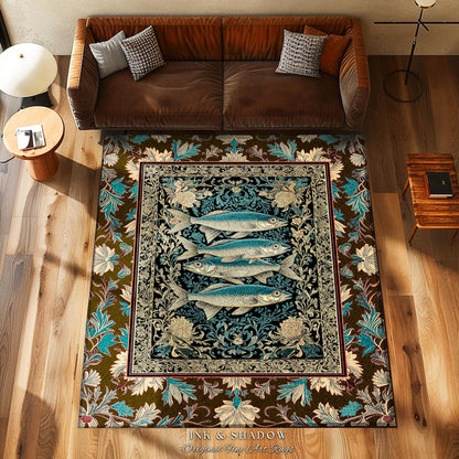 Maximalist Maritime Accent Rug | Nautical Folk Art-Inspired Area Rug Jacquard Marine Scene Coastal Botanical Oceancore Bedroom Mermaidcore