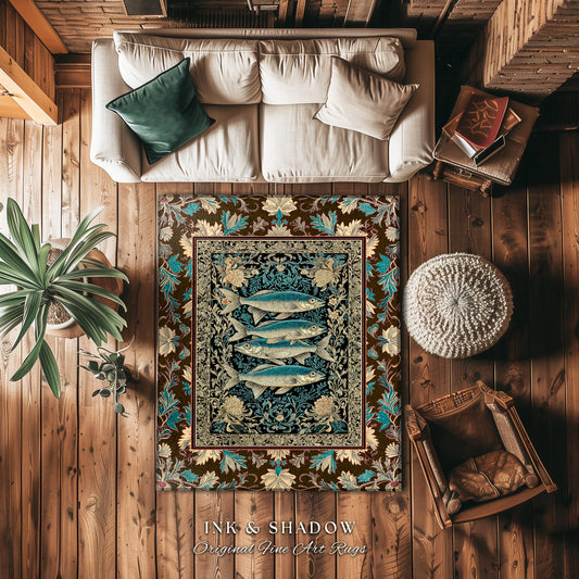 Maximalist Maritime Accent Rug | Nautical Folk Art-Inspired Area Rug Jacquard Marine Scene Coastal Botanical Oceancore Bedroom Mermaidcore