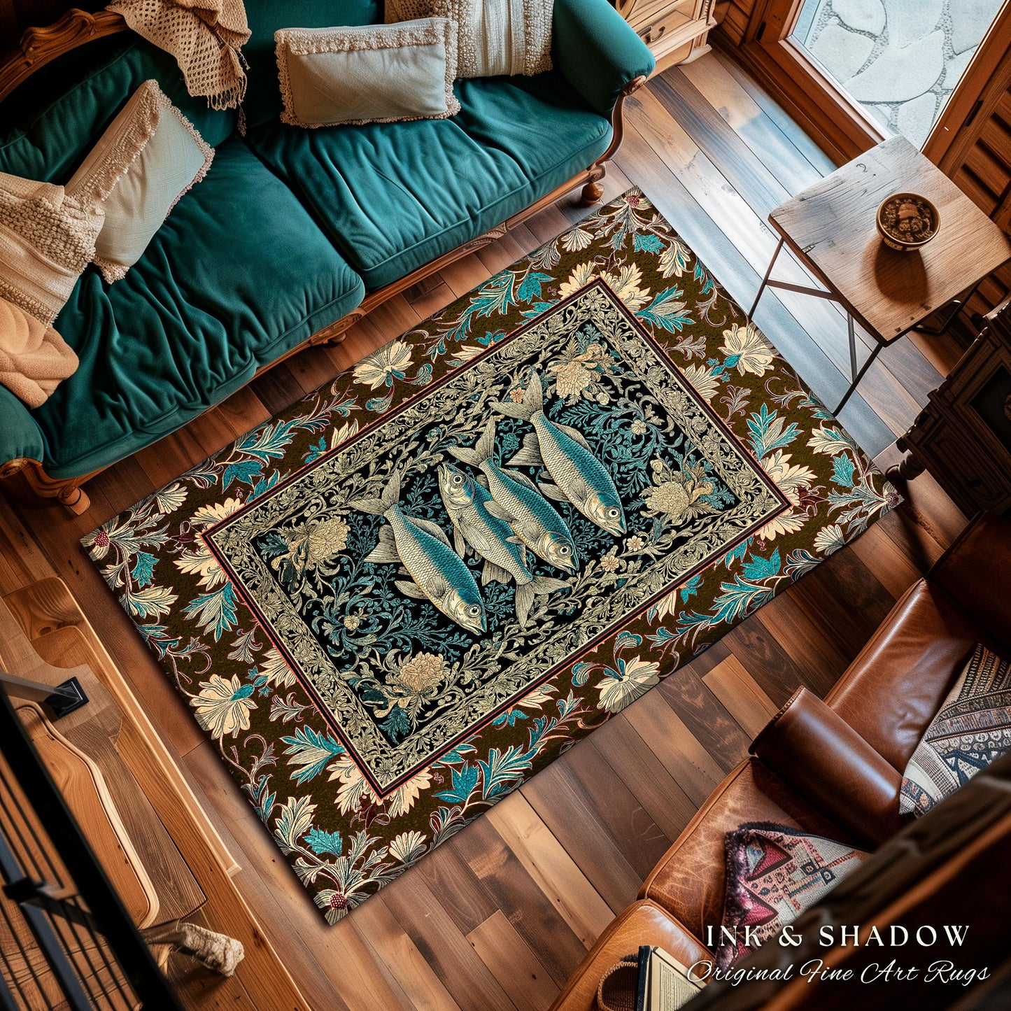 Maximalist Maritime Accent Rug | Nautical Folk Art-Inspired Area Rug Jacquard Marine Scene Coastal Botanical Oceancore Bedroom Mermaidcore