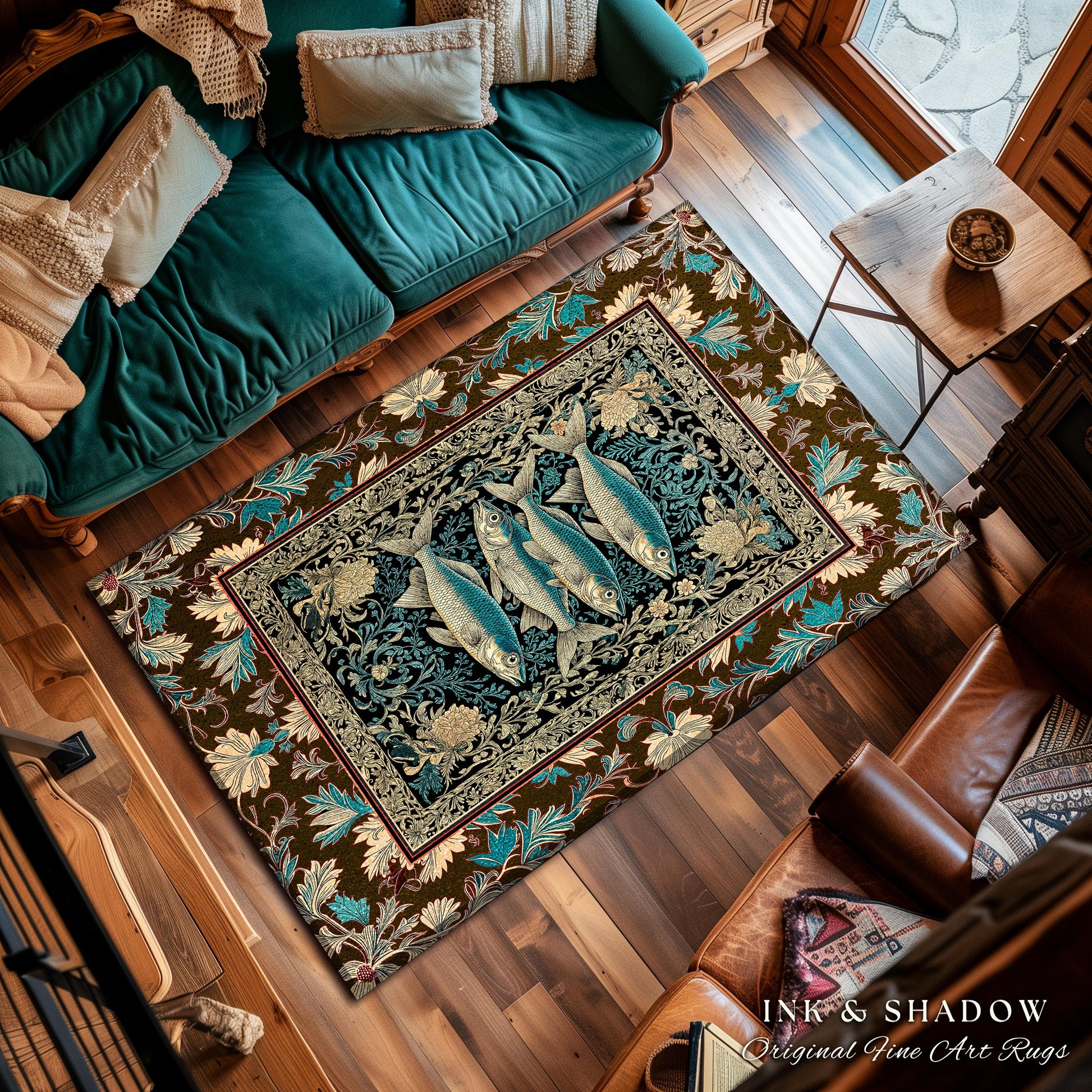Maximalist Maritime Accent Rug | Nautical Folk Art-Inspired Area Rug Jacquard Marine Scene Coastal Botanical Oceancore Bedroom Mermaidcore