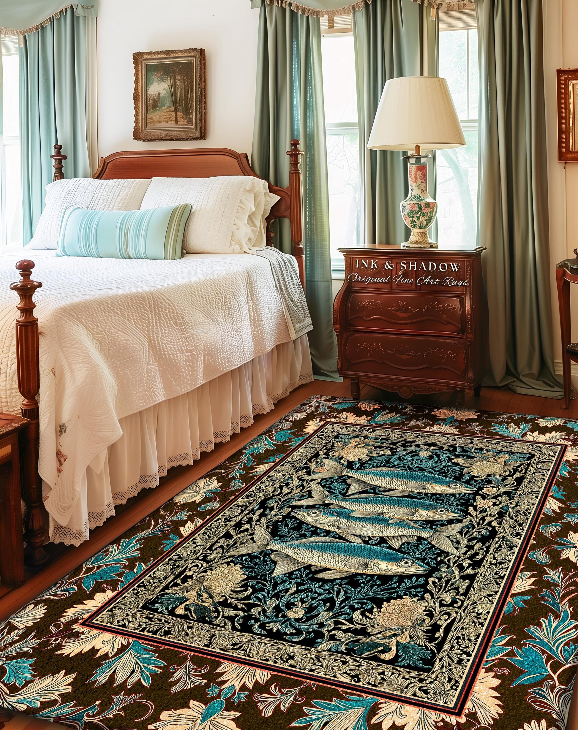 Maximalist Maritime Accent Rug | Nautical Folk Art-Inspired Area Rug Jacquard Marine Scene Coastal Botanical Oceancore Bedroom Mermaidcore
