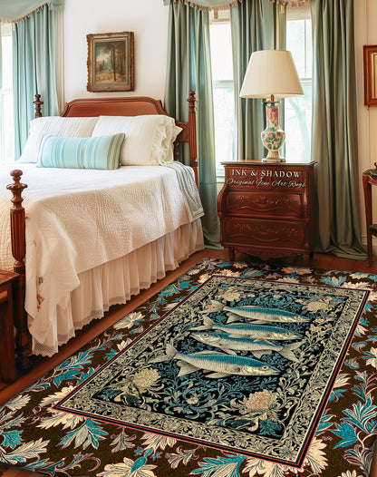 Maximalist Maritime Accent Rug | Nautical Folk Art-Inspired Area Rug Jacquard Marine Scene Coastal Botanical Oceancore Bedroom Mermaidcore