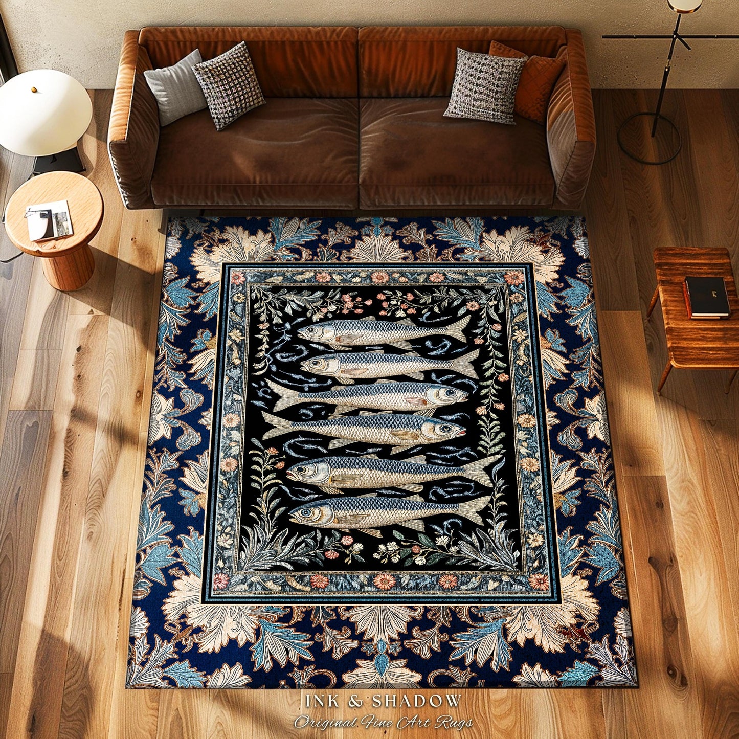 Dreamy Ocean Theme Area Rug | Sardine Theme Fish Design Nautical Cottagecore Sea Art Print Folk Coastal Bedroom Accent Decor Maritime Magic