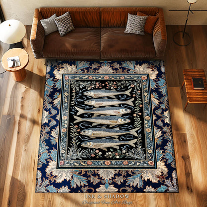 Dreamy Ocean Theme Area Rug | Sardine Theme Fish Design Nautical Cottagecore Sea Art Print Folk Coastal Bedroom Accent Decor Maritime Magic