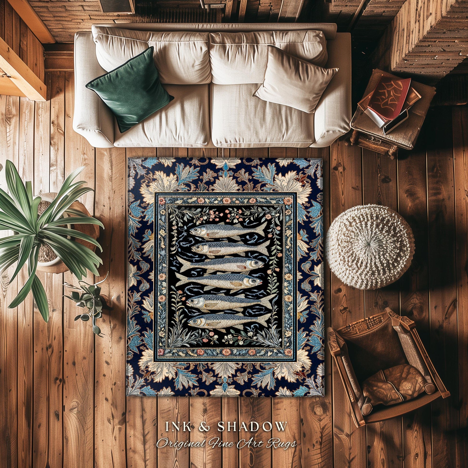 Dreamy Ocean Theme Area Rug | Sardine Theme Fish Design Nautical Cottagecore Sea Art Print Folk Coastal Bedroom Accent Decor Maritime Magic