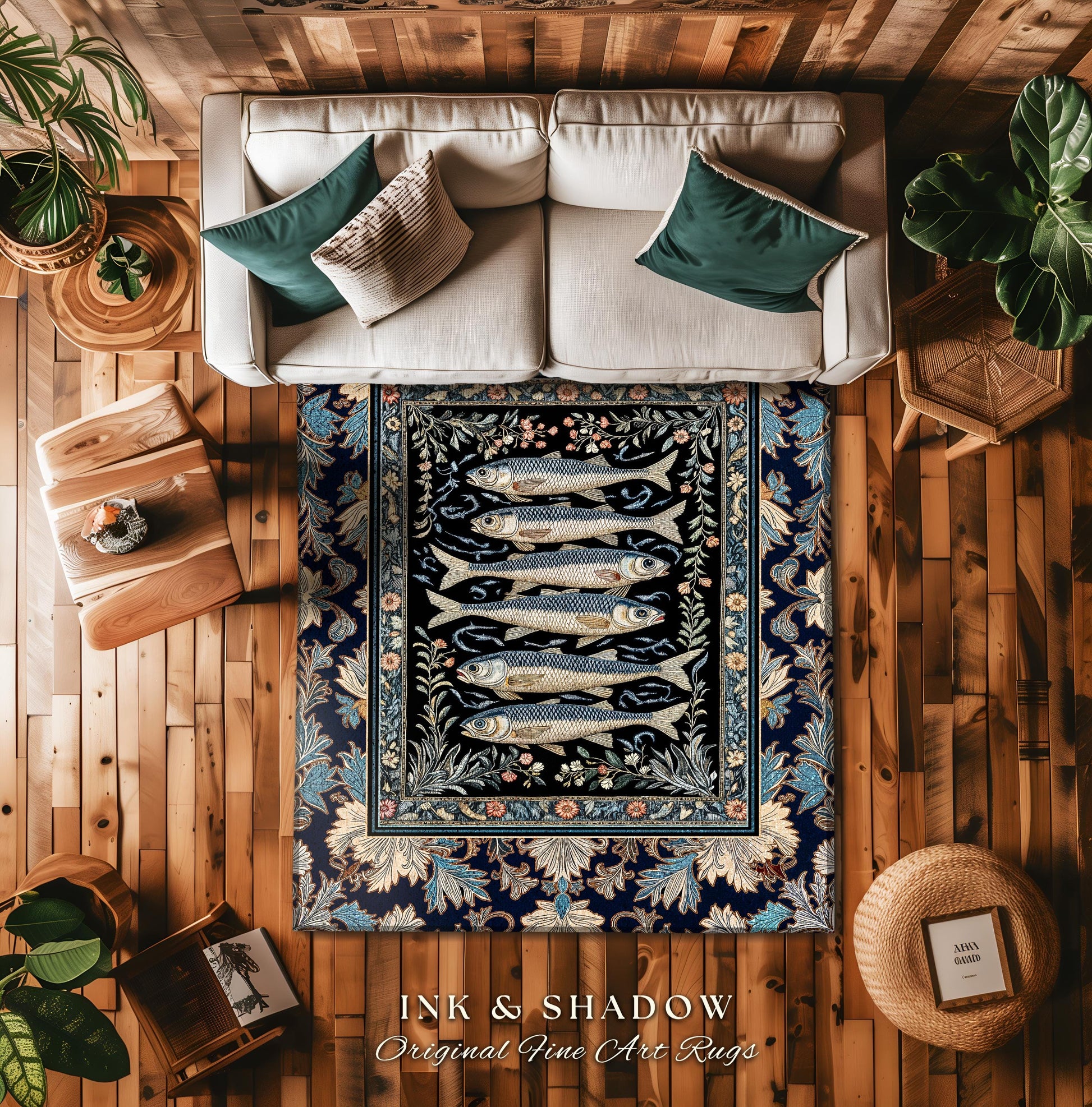 Dreamy Ocean Theme Area Rug | Sardine Theme Fish Design Nautical Cottagecore Sea Art Print Folk Coastal Bedroom Accent Decor Maritime Magic