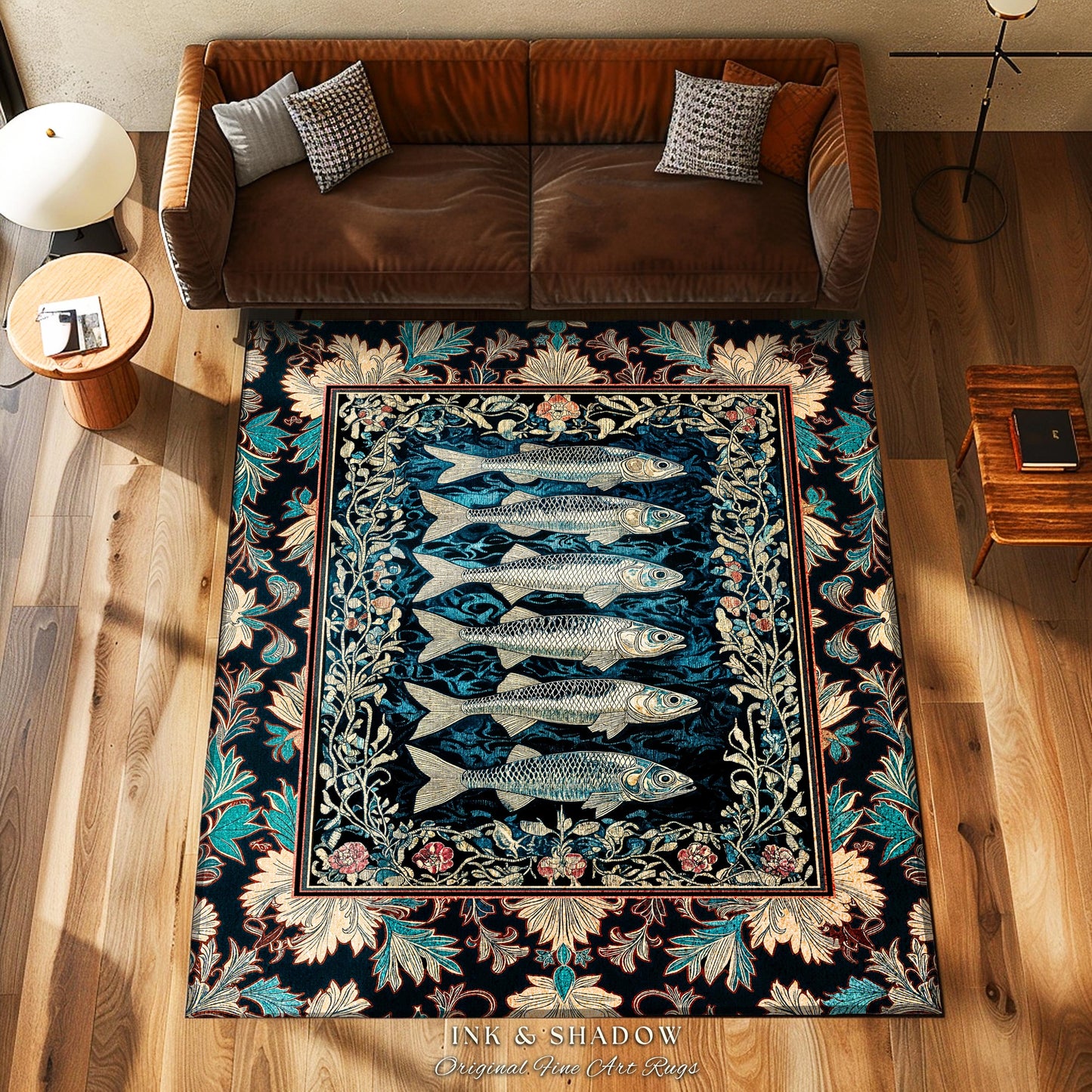Nautical Folk Art Sardine Area Rug | Nautical Folk Art-Inspired Bedroom Marine Scene Coastal Botanical Home Accent Boho Oceancore Mermaid |