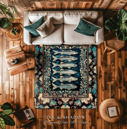 Nautical Folk Art Sardine Area Rug | Nautical Folk Art-Inspired Bedroom Marine Scene Coastal Botanical Home Accent Boho Oceancore Mermaid |