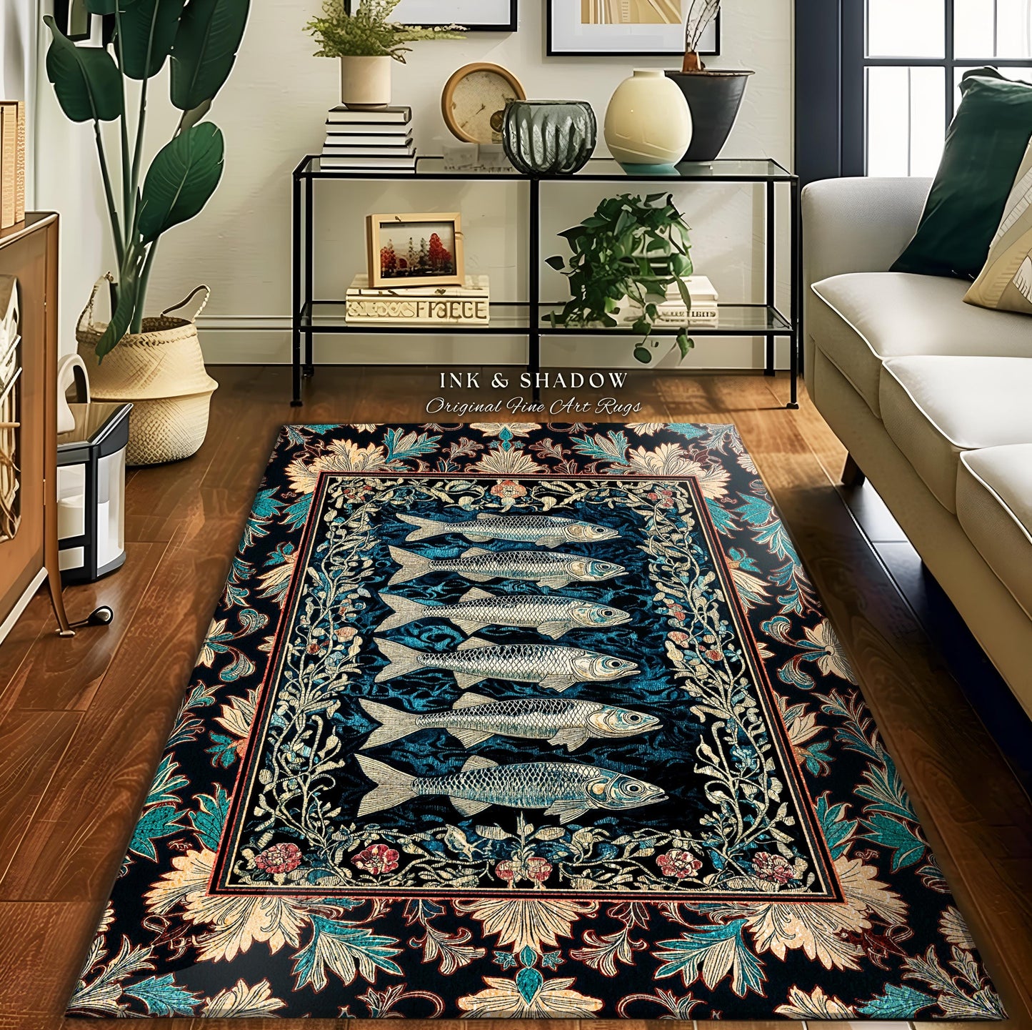 Nautical Folk Art Sardine Area Rug | Nautical Folk Art-Inspired Bedroom Marine Scene Coastal Botanical Home Accent Boho Oceancore Mermaid |