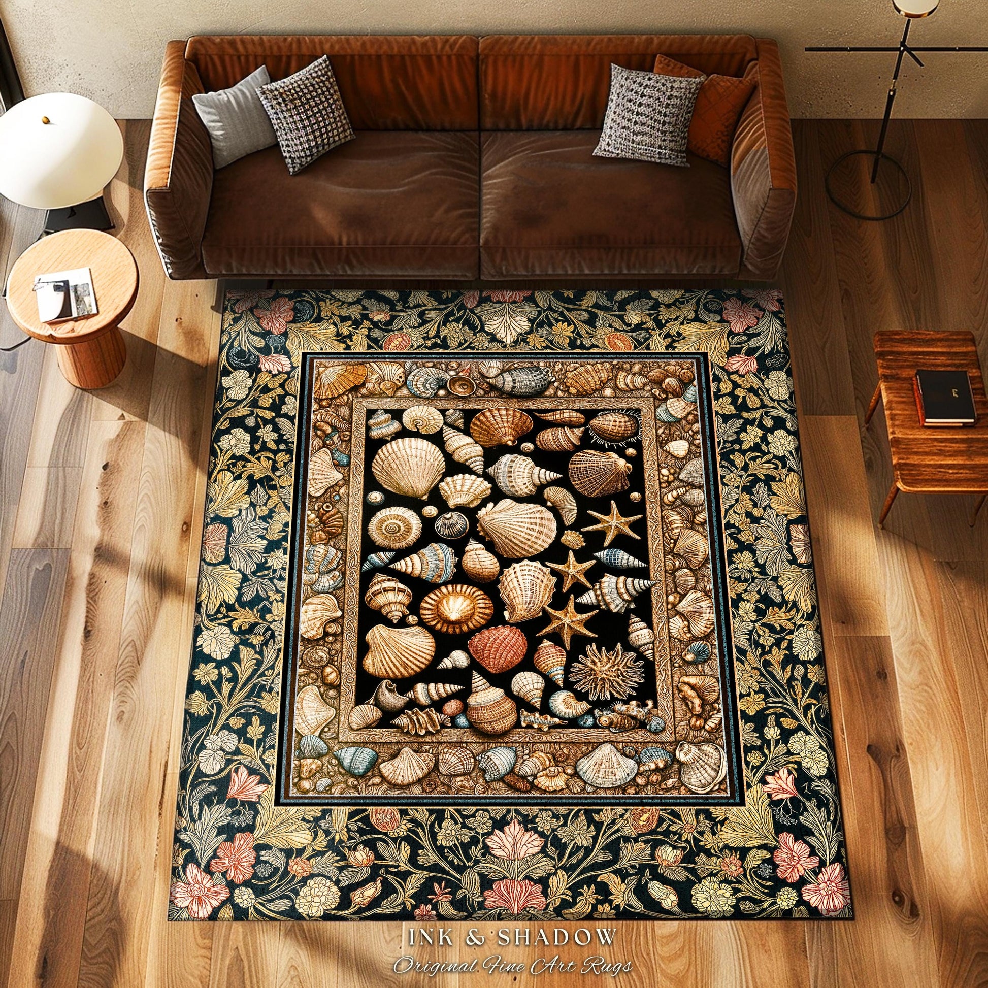 Rustic Seaside Shell Art Cozy Blanket | Oceanic Nature Tapestry Coastal Illustration Marine Life Woven Decor Nautical Maximalist Beach Style