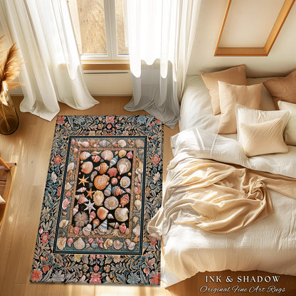 Whimsical Sea Shell Beachy Area Rug | Rustic Beach House Aesthetic Marine-Inspired Art Nautical Design Boho Decor Ocean Lore Coastal Accent