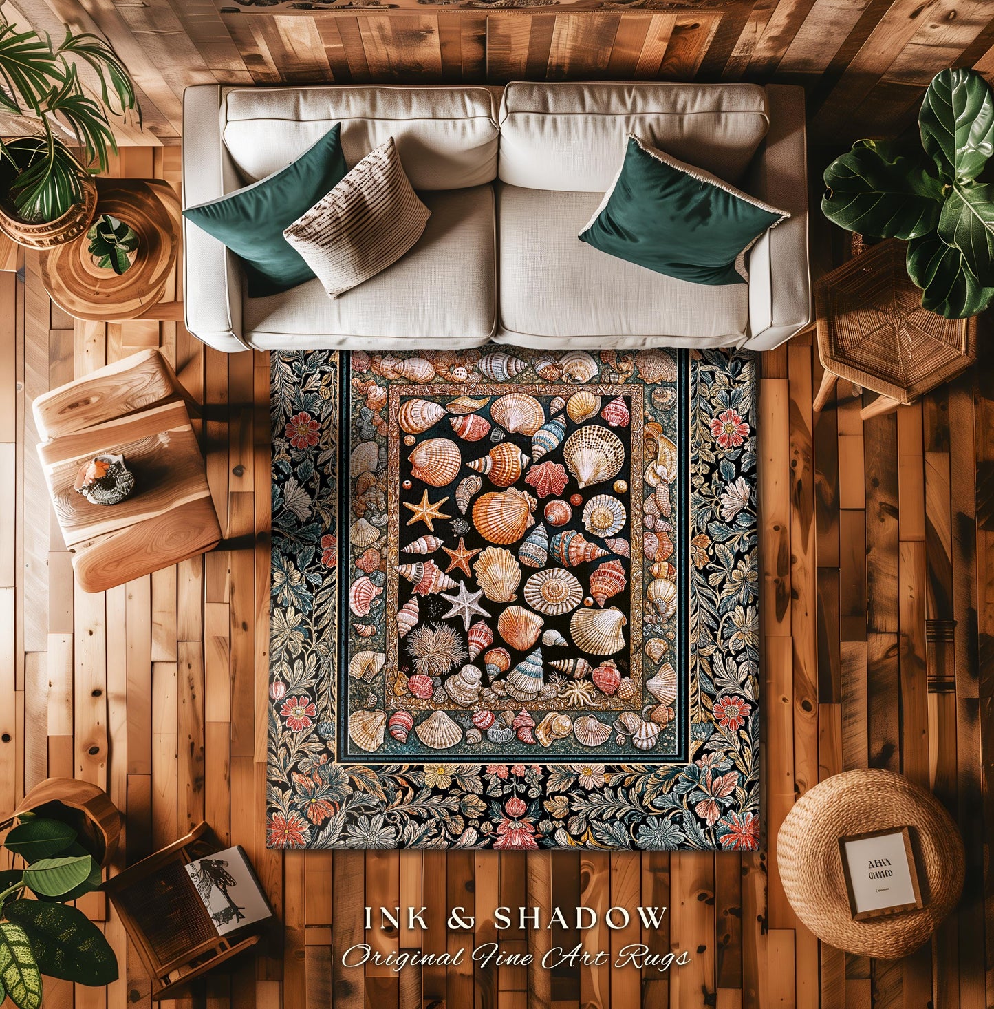 Whimsical Sea Shell Beachy Area Rug | Rustic Beach House Aesthetic Marine-Inspired Art Nautical Design Boho Decor Ocean Lore Coastal Accent