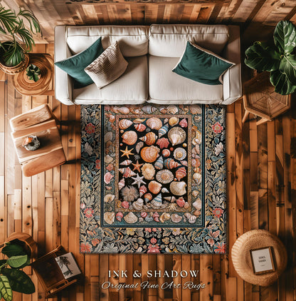 Whimsical Sea Shell Beachy Area Rug | Rustic Beach House Aesthetic Marine-Inspired Art Nautical Design Boho Decor Ocean Lore Coastal Accent