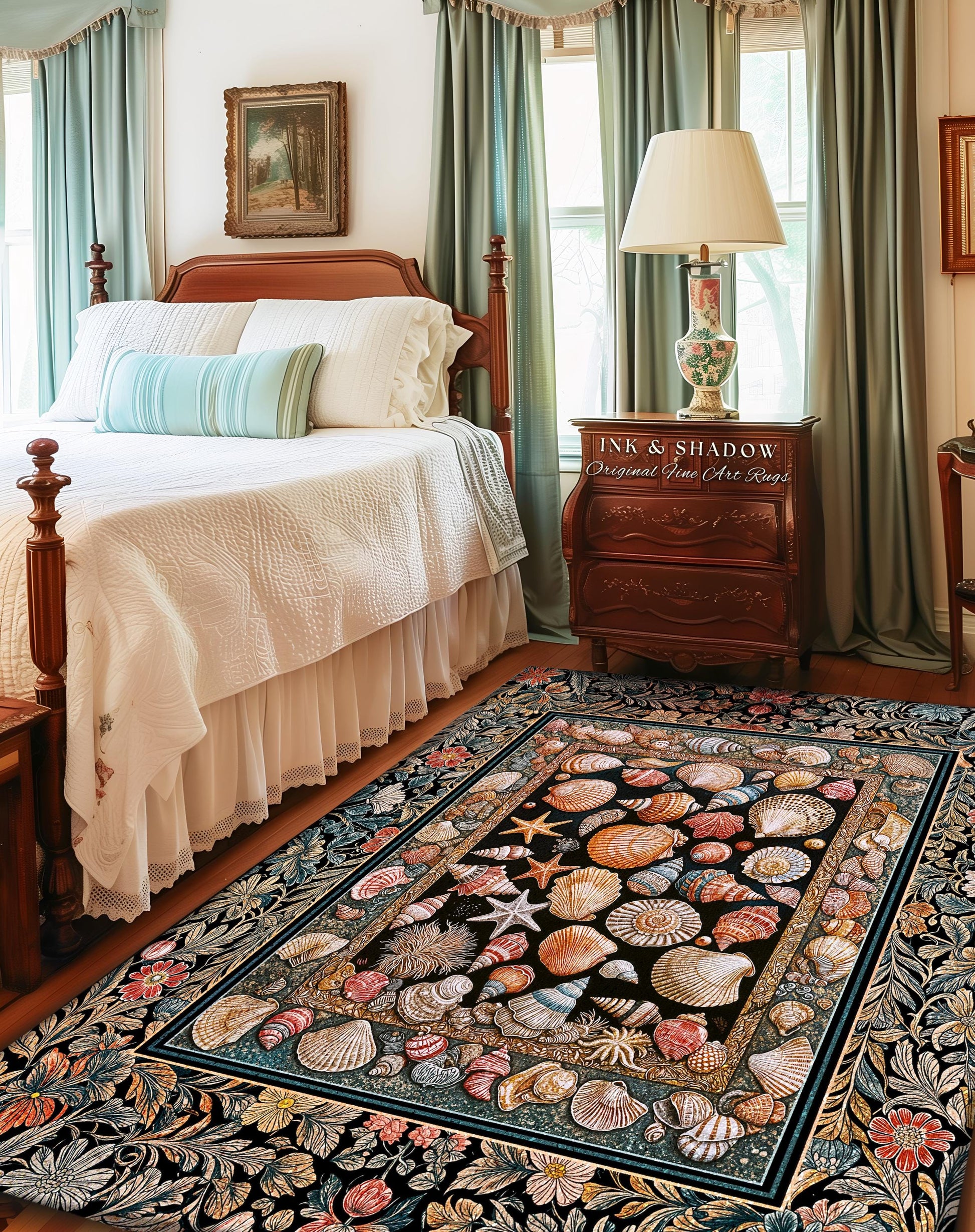 Whimsical Sea Shell Beachy Area Rug | Rustic Beach House Aesthetic Marine-Inspired Art Nautical Design Boho Decor Ocean Lore Coastal Accent