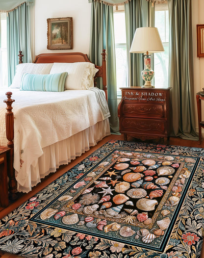 Whimsical Sea Shell Beachy Area Rug | Rustic Beach House Aesthetic Marine-Inspired Art Nautical Design Boho Decor Ocean Lore Coastal Accent