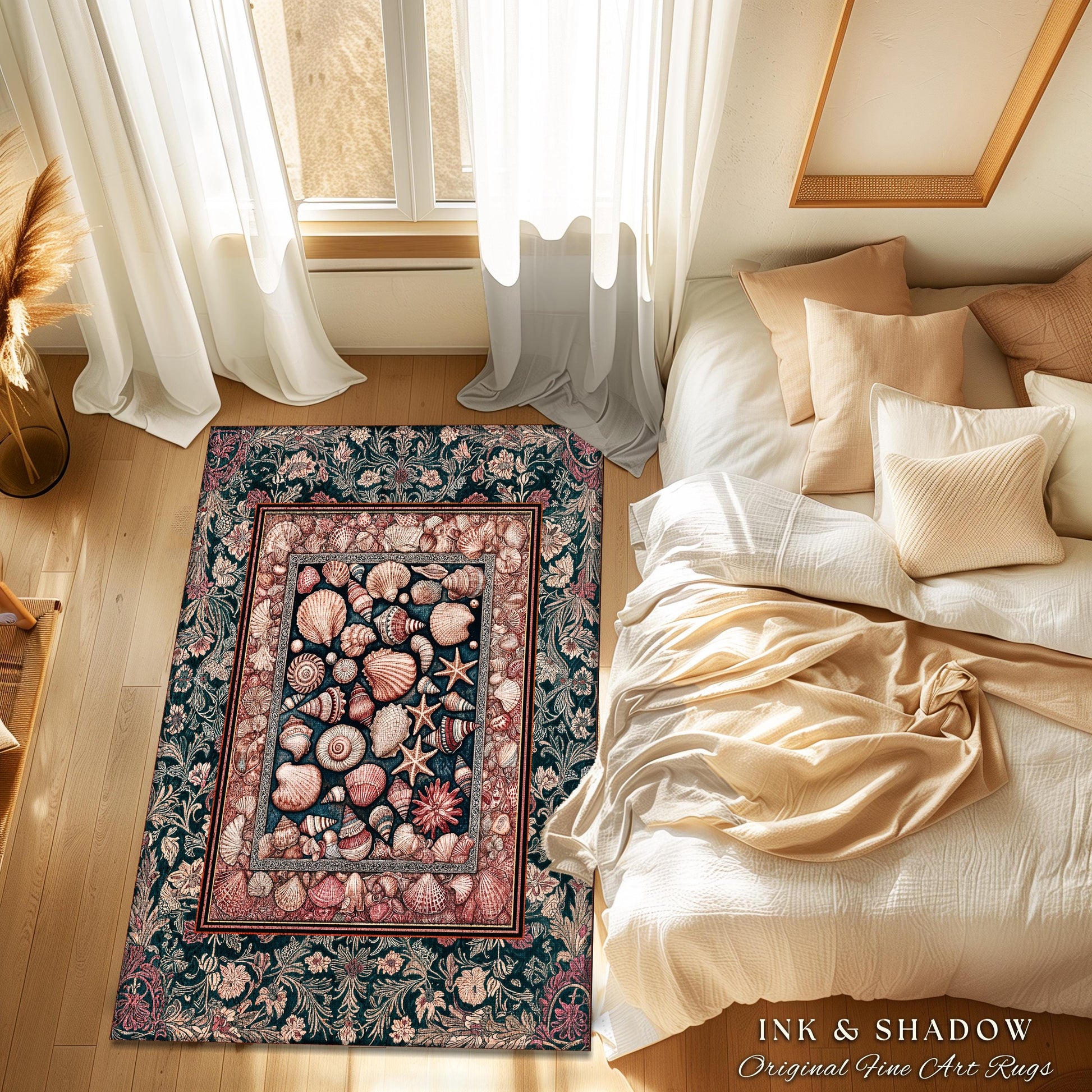 Ornate Sea Life Accent Rug | Victorian Ocean Design Classic Nautical Shell Illustration Coastal Decor Mermaidcore Boho Beach House Aesthetic