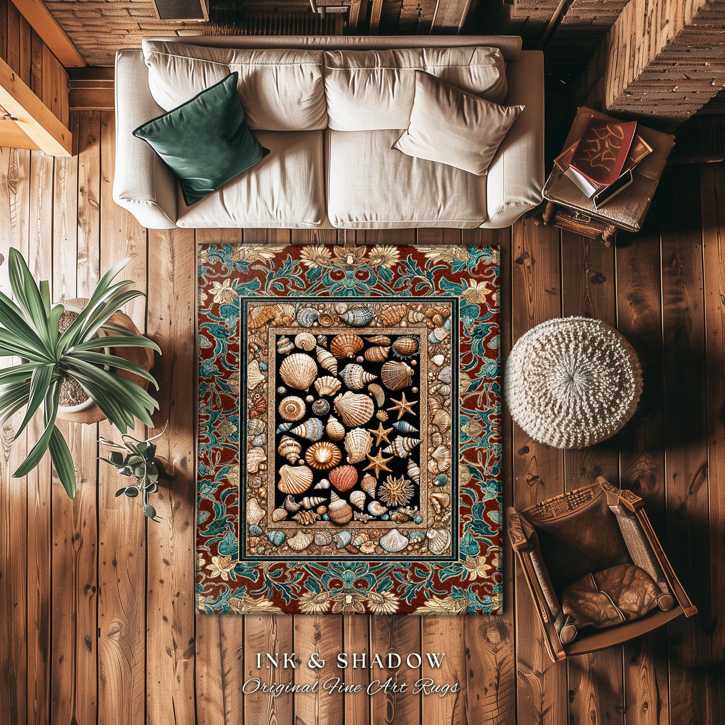 Maximalist Coastal Seashell Area Rug | Ocean Aesthetic Home Accent Starfish Sea Life Decor Nautical Beach House Vintage Cottagecore Style |