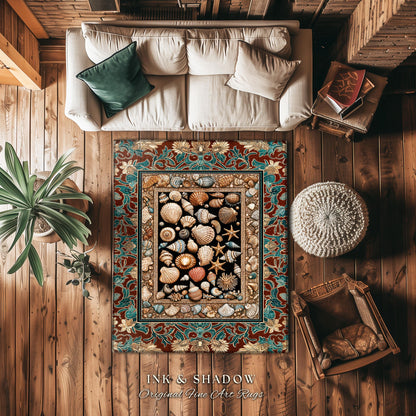 Maximalist Coastal Seashell Area Rug | Ocean Aesthetic Home Accent Starfish Sea Life Decor Nautical Beach House Vintage Cottagecore Style |