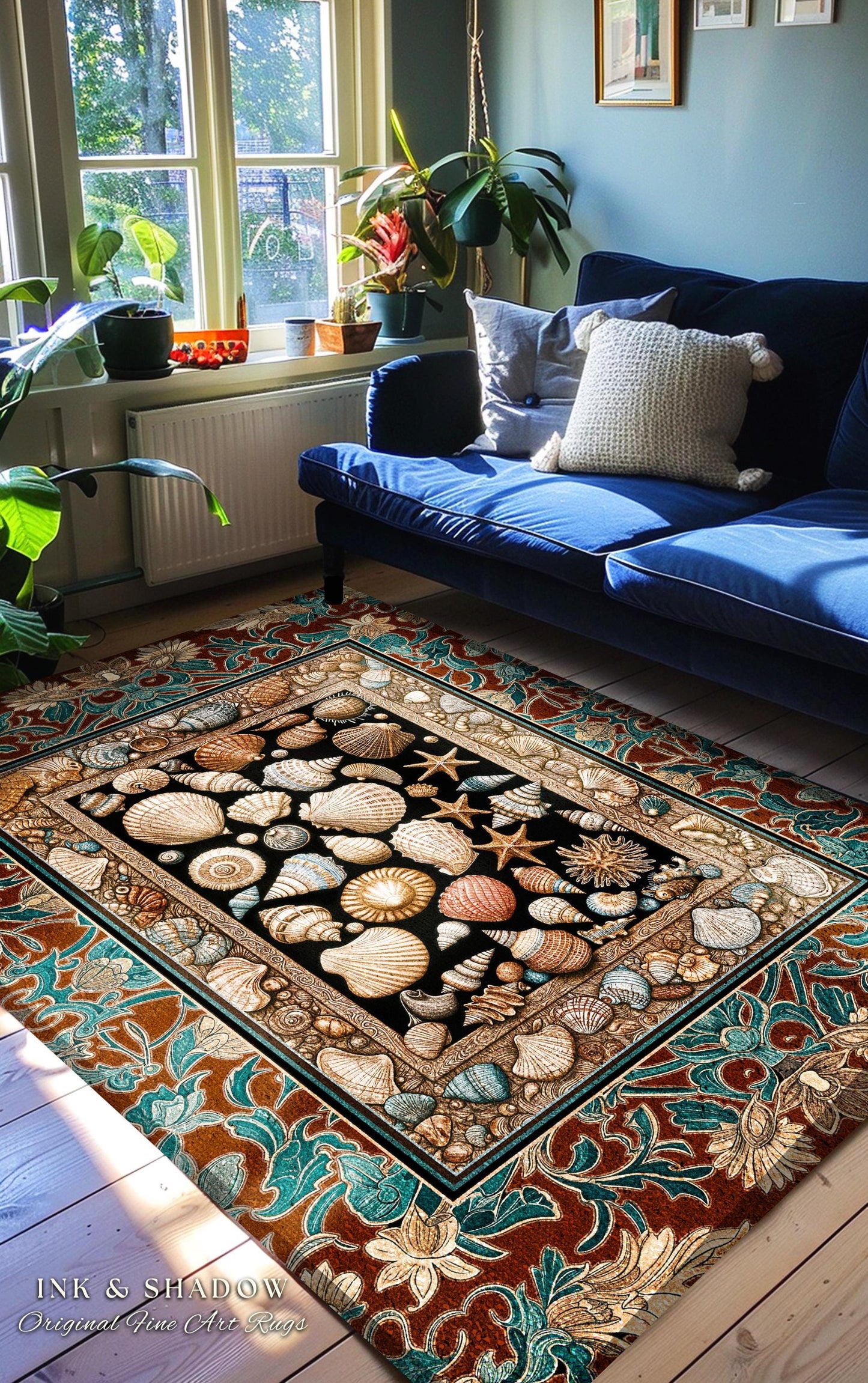 Maximalist Coastal Seashell Area Rug | Ocean Aesthetic Home Accent Starfish Sea Life Decor Nautical Beach House Vintage Cottagecore Style |