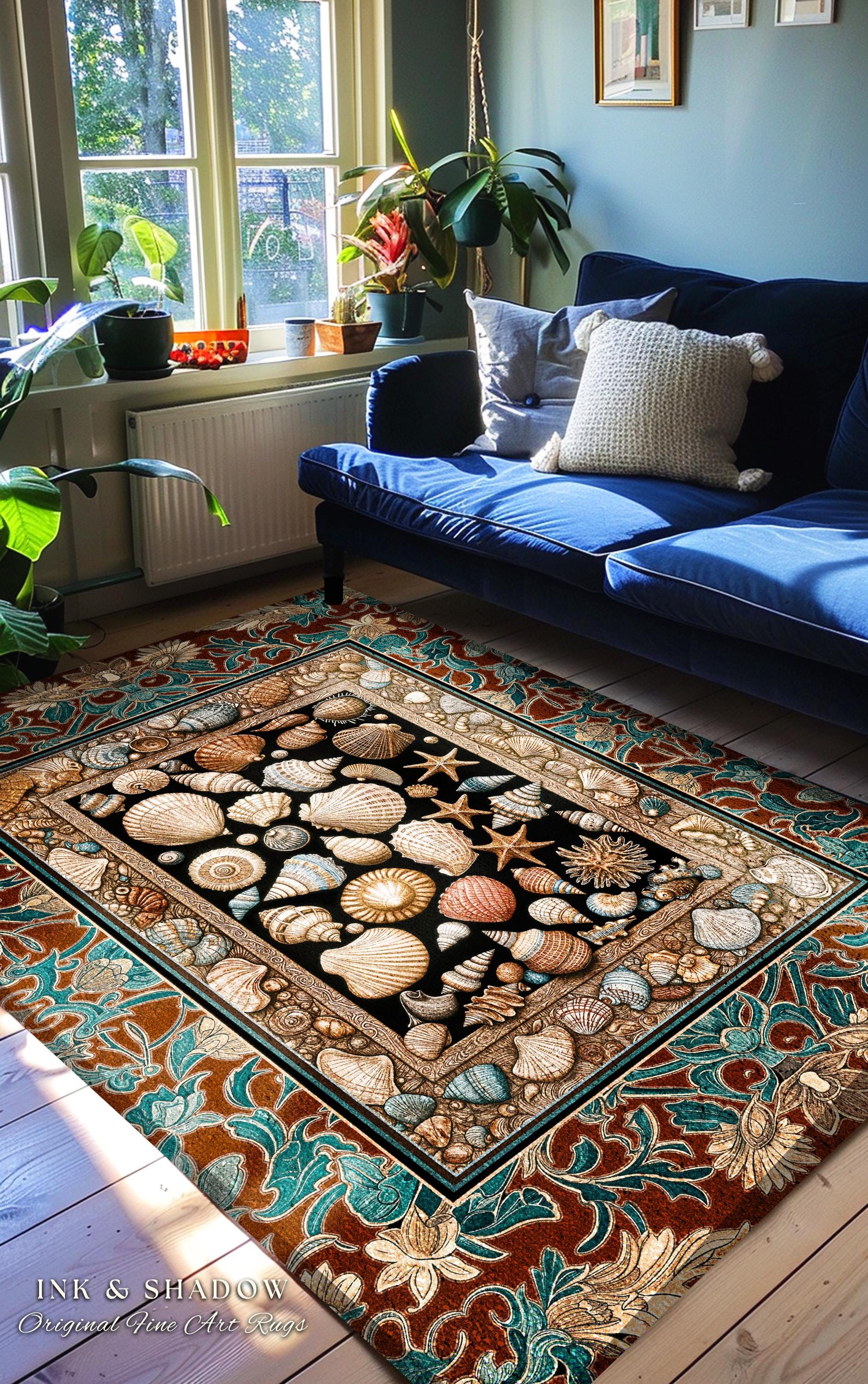 Maximalist Coastal Seashell Area Rug | Ocean Aesthetic Home Accent Starfish Sea Life Decor Nautical Beach House Vintage Cottagecore Style |