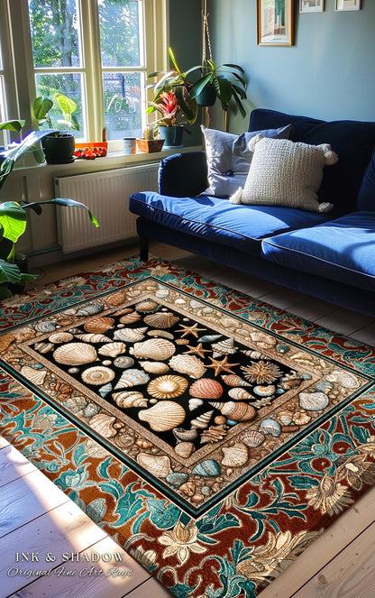 Maximalist Coastal Seashell Area Rug | Ocean Aesthetic Home Accent Starfish Sea Life Decor Nautical Beach House Vintage Cottagecore Style |