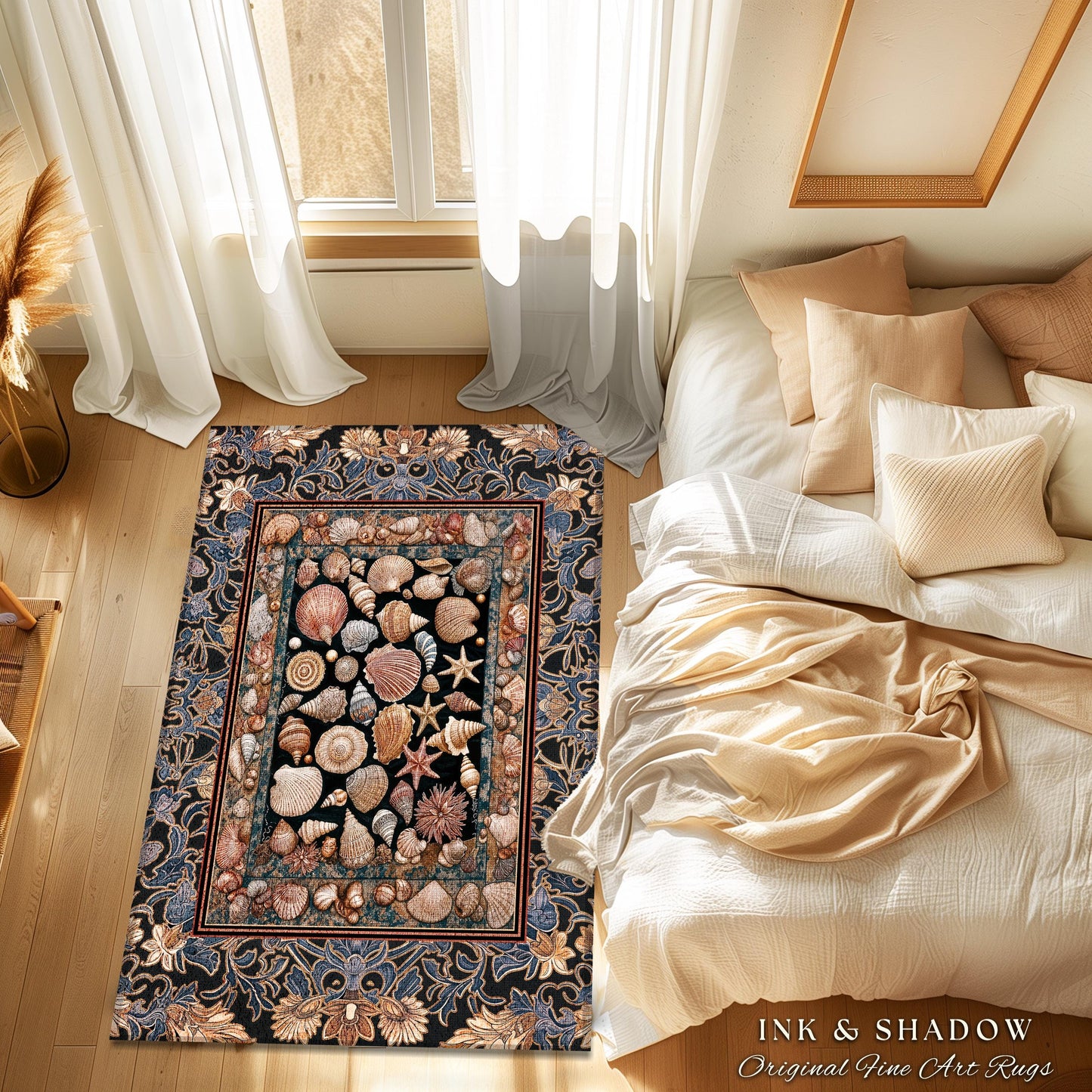 Elegant Art Nouveau Seashell Area Rug | Ocean Inspired Mermaidcore Decor Baroque Nautical Fantasy Marine Home Accent Rustic Coastal Style |