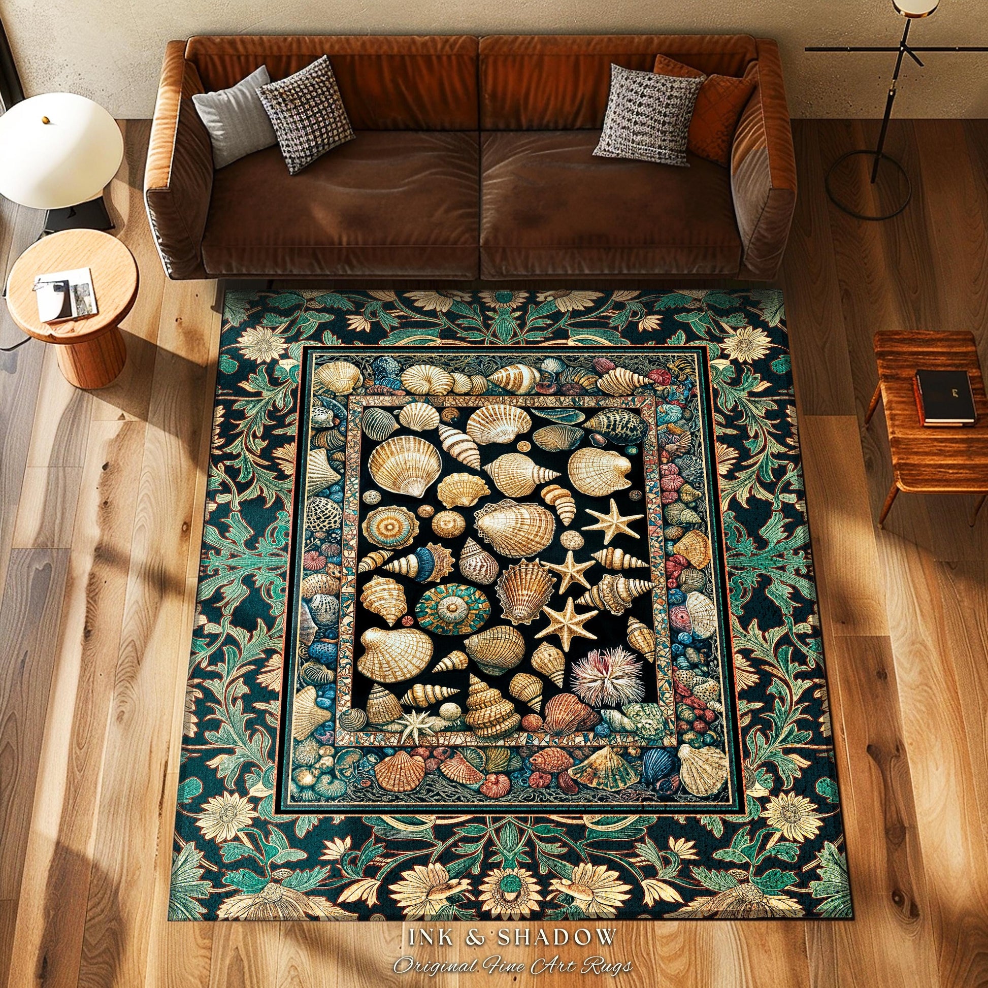 Under the Sea Woven Seashell Rug | Nautical Art Mermaidcore Decor Marine Life Coastal Art Shell Pattern Ocean Aesthetic Beach Cottage Style