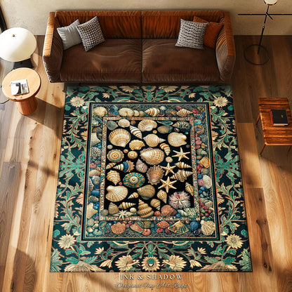 Under the Sea Woven Seashell Rug | Nautical Art Mermaidcore Decor Marine Life Coastal Art Shell Pattern Ocean Aesthetic Beach Cottage Style
