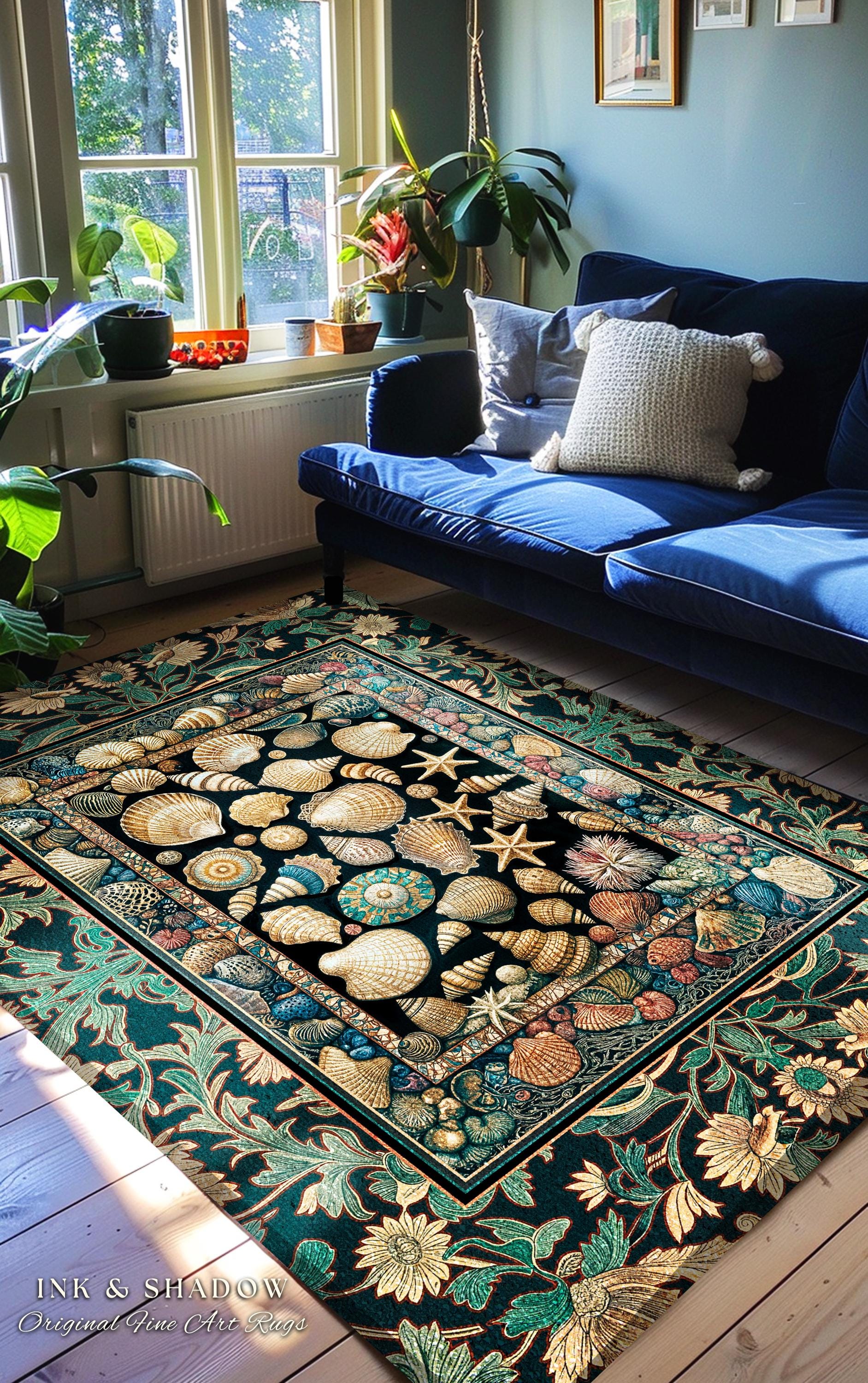 Under the Sea Woven Seashell Rug | Nautical Art Mermaidcore Decor Marine Life Coastal Art Shell Pattern Ocean Aesthetic Beach Cottage Style