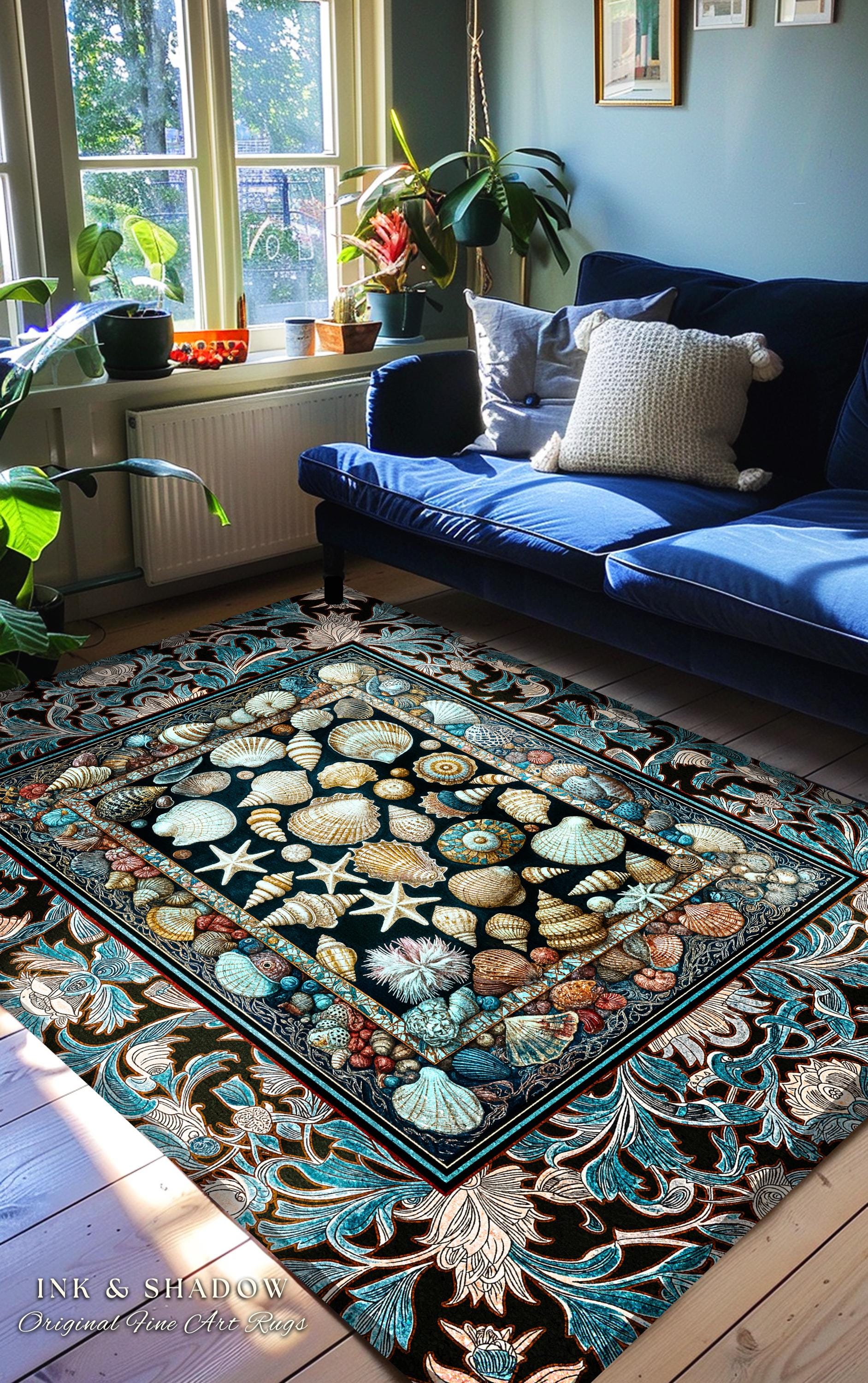 Ocean Theme Coastal Area Rug | Beachy Cottage Nautical Theme Seashell Art Vintage Mermaidcore Marine Life Bedroom Accent Rug Eclectic Decor