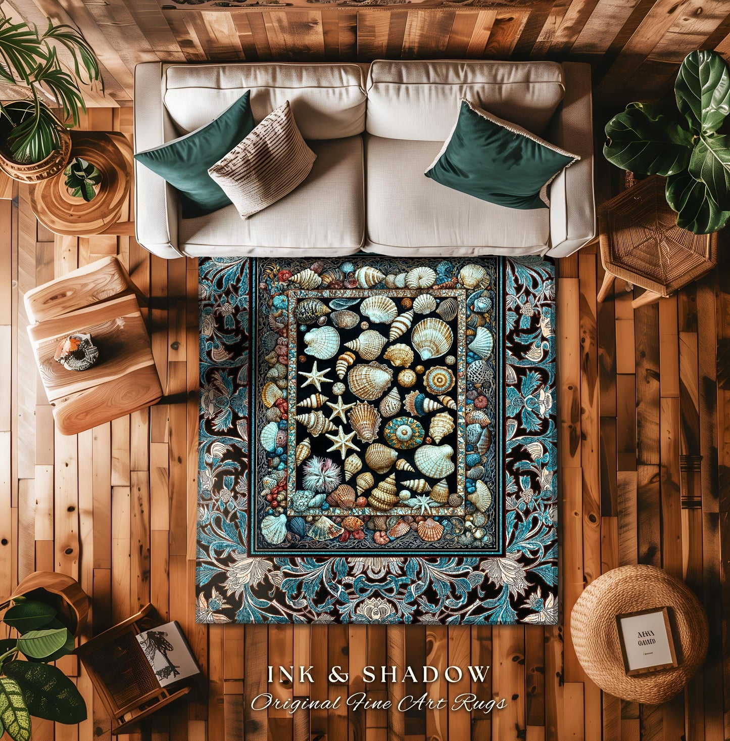 Ocean Theme Coastal Area Rug | Beachy Cottage Nautical Theme Seashell Art Vintage Mermaidcore Marine Life Bedroom Accent Rug Eclectic Decor