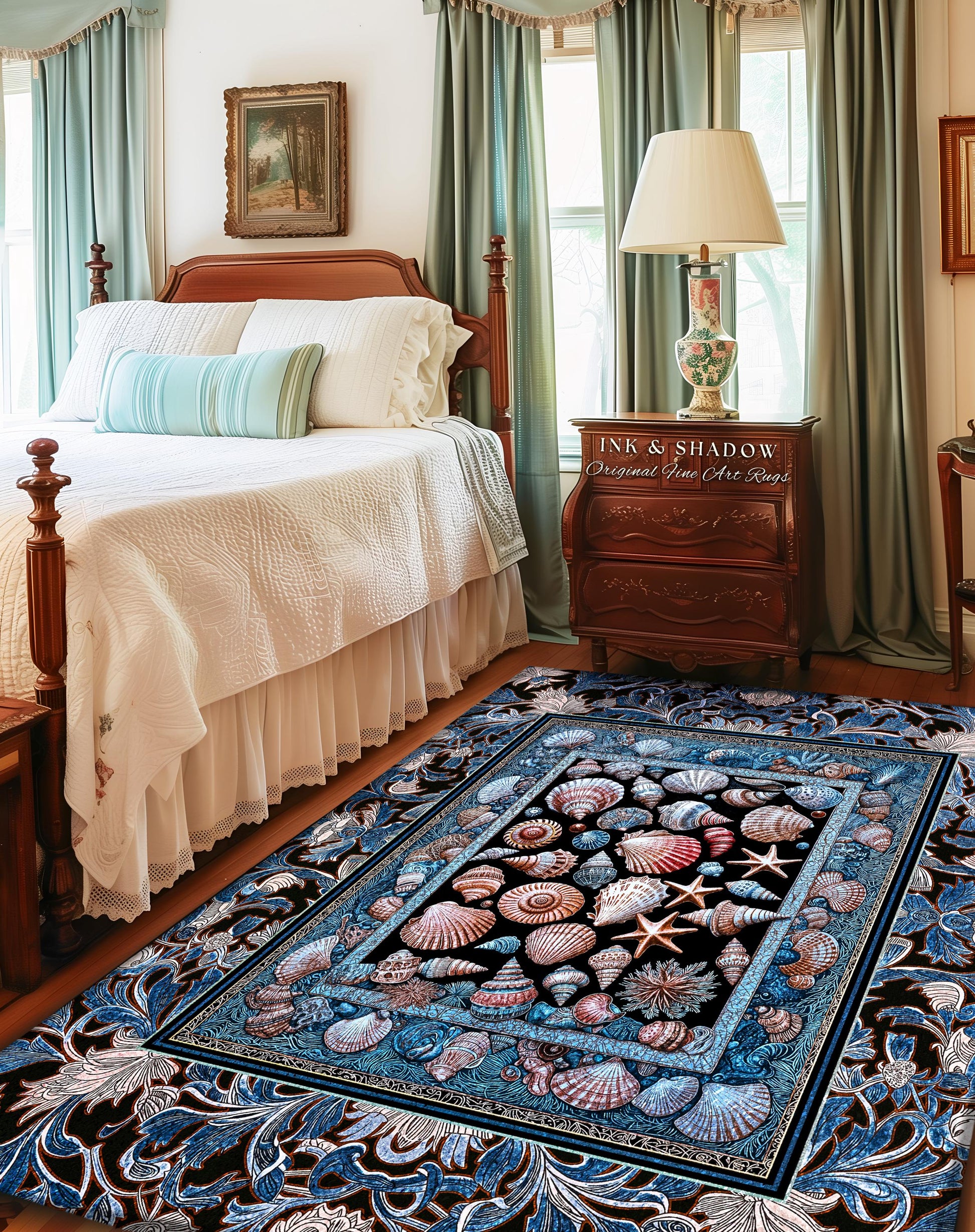 Pastel Seashell Coastal Bedroom Rug | Beach House Nautical Decor Ocean Inspired Home Accent Marine Life Aesthetic Starfish Crustacean Style