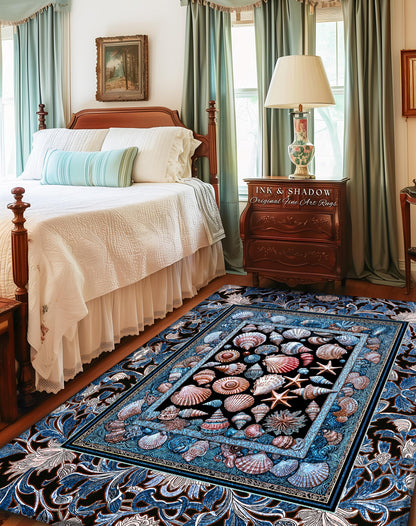 Pastel Seashell Coastal Bedroom Rug | Beach House Nautical Decor Ocean Inspired Home Accent Marine Life Aesthetic Starfish Crustacean Style