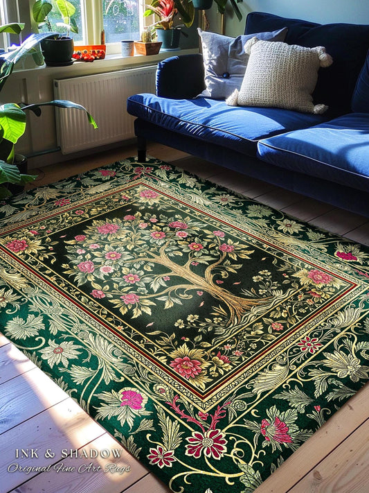 Rosy Botanical Rustic Tree Rug | Woodland Cottagecore Folklore Aesthetic Romantic Decor Vintage Fairycore Bedroom Accent Soft Aesthetic |