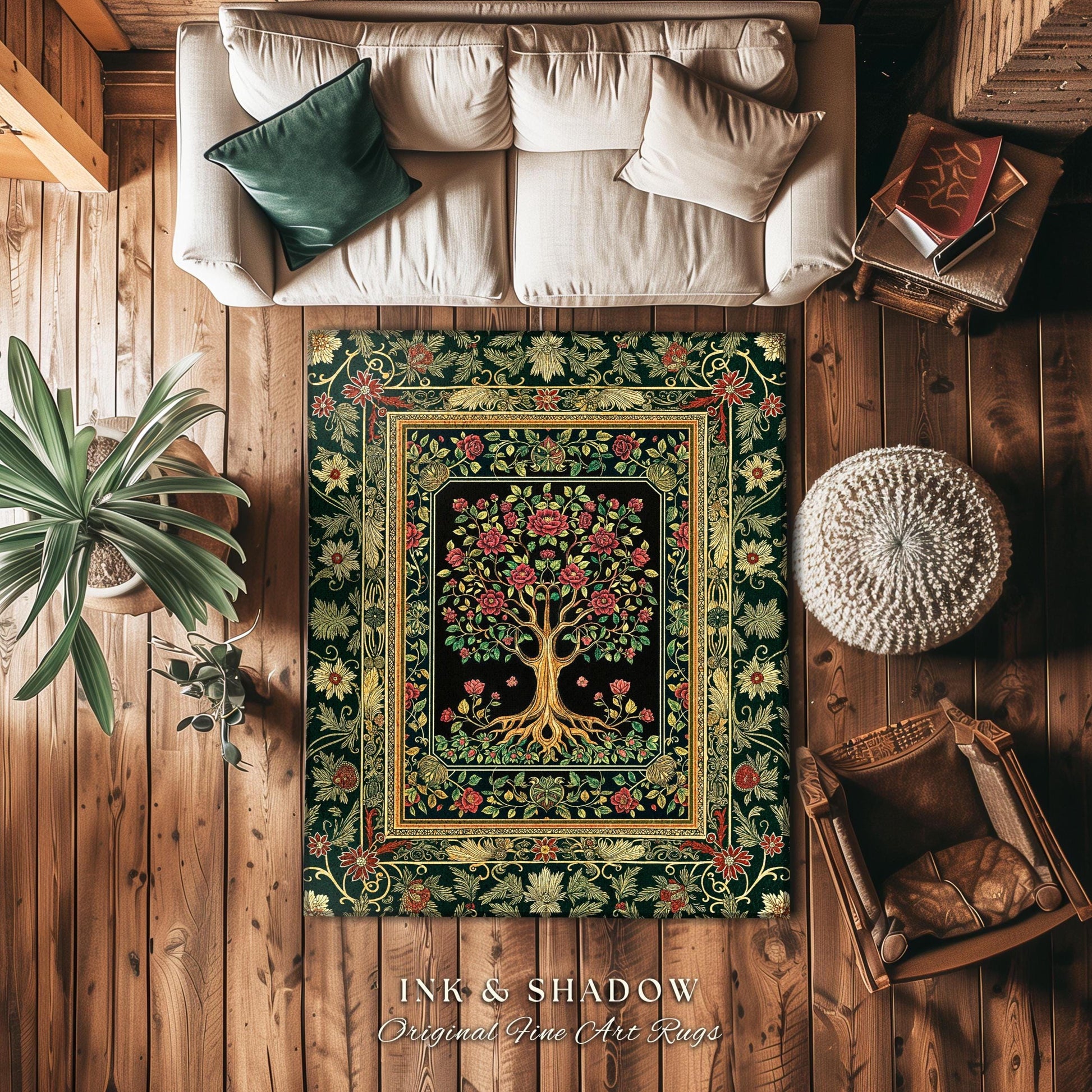 Floral Victorian Garden Tree Rug | Baroque Floral Design Folk Art Inspired Medieval Botanical Decor Romantic Rococo Cottagecore Accent Rug |