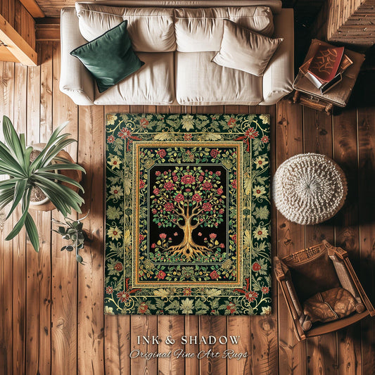 Floral Victorian Garden Tree Rug | Baroque Floral Design Folk Art Inspired Medieval Botanical Decor Romantic Rococo Cottagecore Accent Rug |