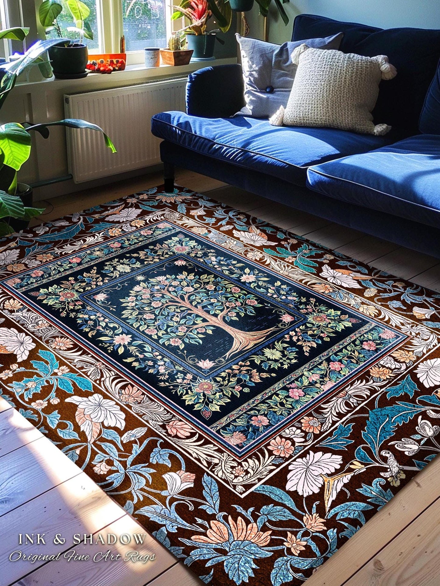 Ornate Grove Tree of Life Rug | Lush Floral Detailing Heirloom Tapestry Design Baroque Nature Theme Cottagecore Living Room Decor Accent