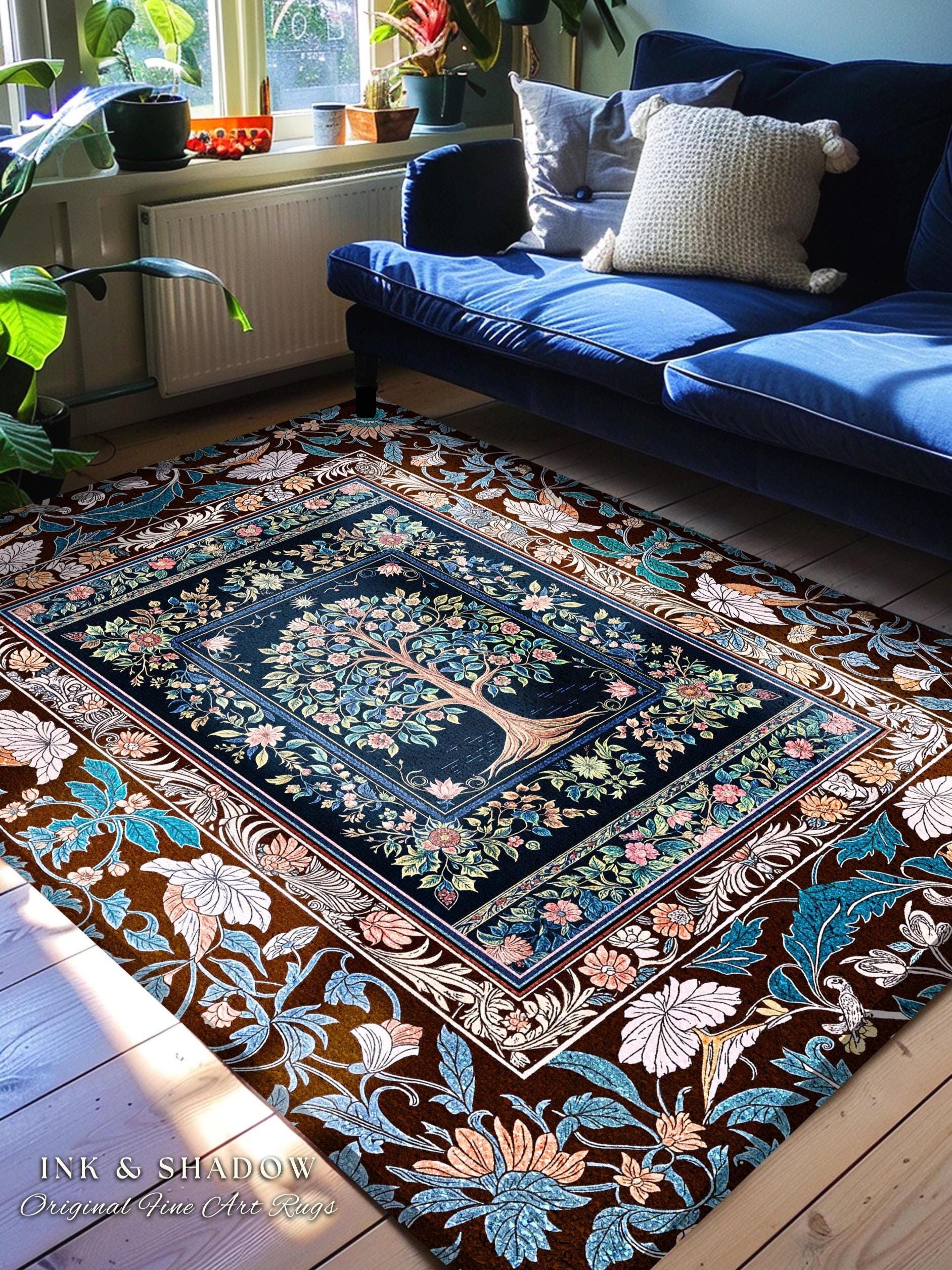 Ornate Grove Tree of Life Rug | Lush Floral Detailing Heirloom Tapestry Design Baroque Nature Theme Cottagecore Living Room Decor Accent