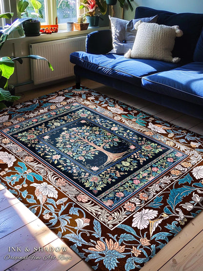 Ornate Grove Tree of Life Rug | Lush Floral Detailing Heirloom Tapestry Design Baroque Nature Theme Cottagecore Living Room Decor Accent
