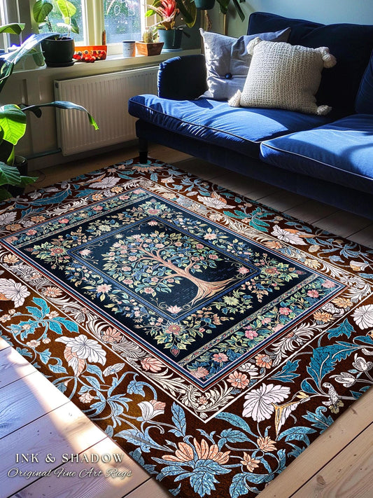 Ornate Grove Tree of Life Rug | Lush Floral Detailing Heirloom Tapestry Design Baroque Nature Theme Cottagecore Living Room Decor Accent