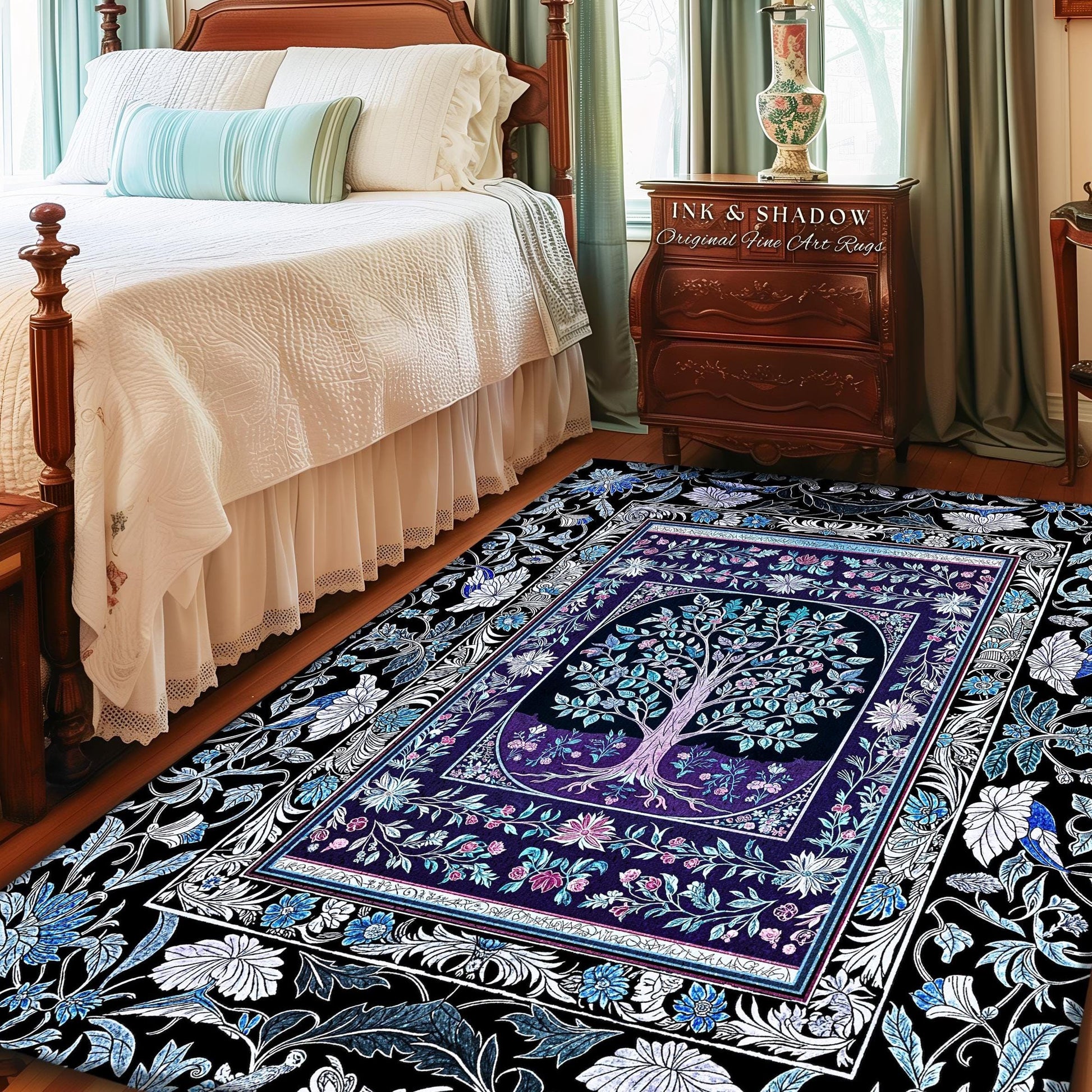 Icy Blue Pastel Gothic Tree Area Rug | Dark Academia Home Accent Romantic Botanical Vintage Floral Maximalist Cottagecore Decor Style Gothic