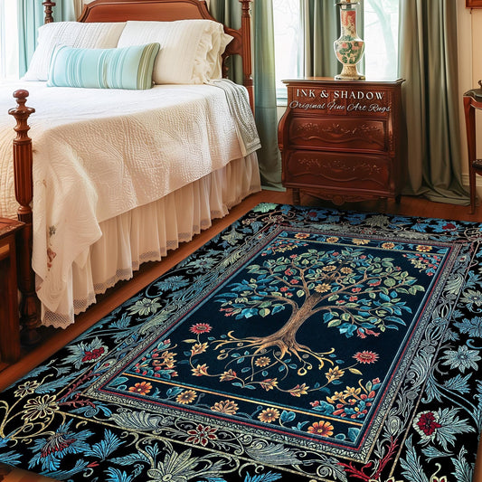 Moody Gothic Blues Tree of Life Rug | Mystical Garden Theme Vintage Floral Decor Romantic Folk Art Forestcore Maximalist Style Bedroom |
