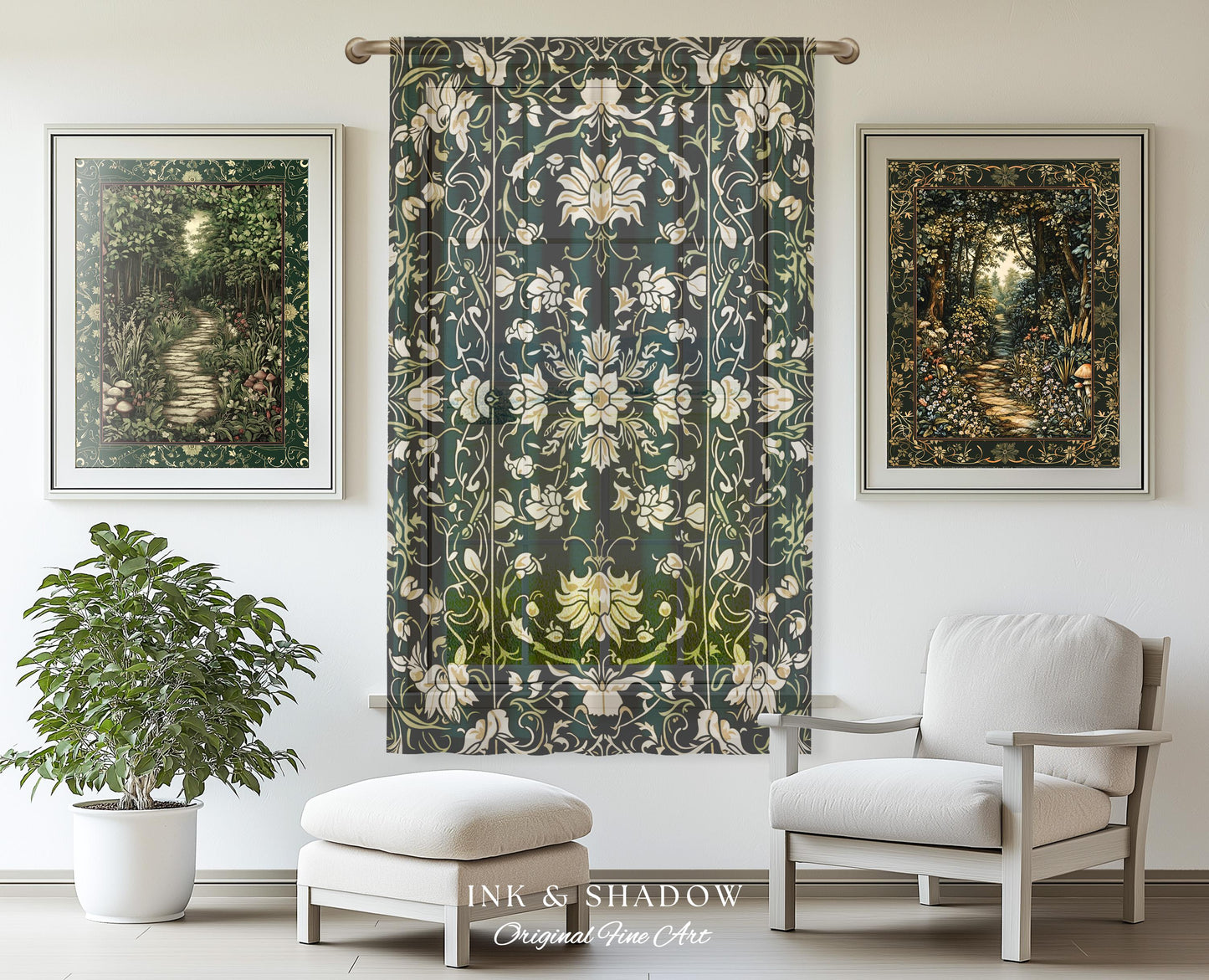 Renaissance Revival Forest Green Curtains | Gothic Art Nouveau Aesthetic Living Room Decor Cottagecore Ornate Maximalist Bedroom Drapes |