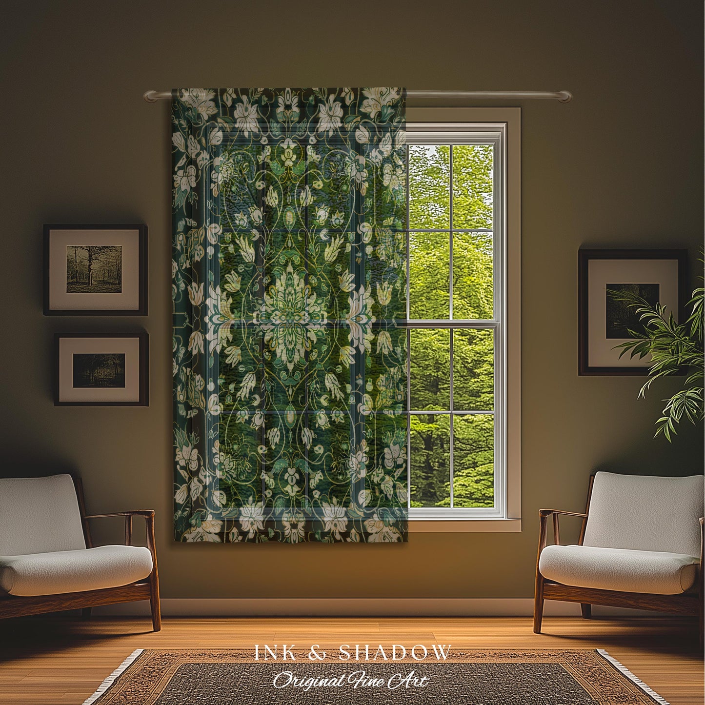 Deep Green Rococo Style Curtains | Soft Gothic Home Decor Art Deco Aesthetic Panel Renaissance Royalcore Elegance Bedroom Drapes Bohemian |