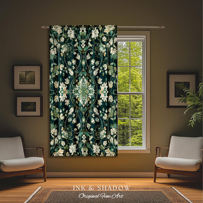 Deep Green Rococo Style Curtains | Soft Gothic Home Decor Art Deco Aesthetic Panel Renaissance Royalcore Elegance Bedroom Drapes Bohemian |