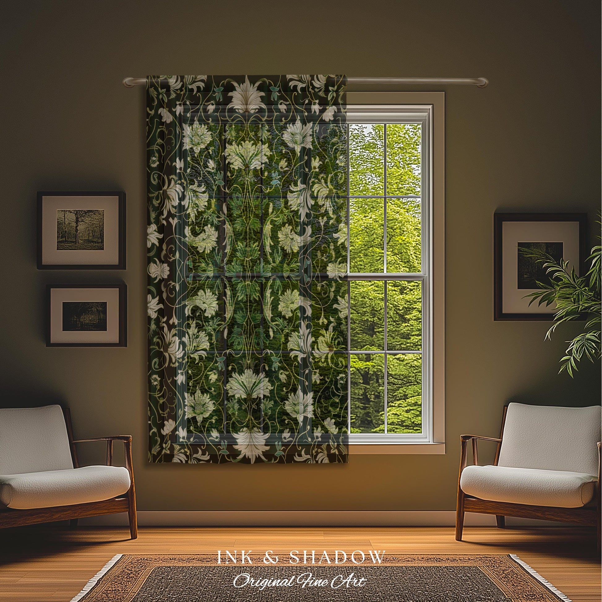 Art Nouveau Emerald Window Drapes | Dark Moss Toned Bedroom Panel Medieval Revival Rococo Renaissance Ethereal Room Accent Whimsical Theme |